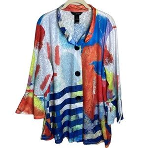 Ali Miles Lagenlook Multicolor Patterned Collared Button Front Blouse Sz XL